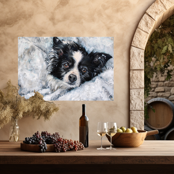 Realistisch schilderij van hond in de sneeuw tuinposter