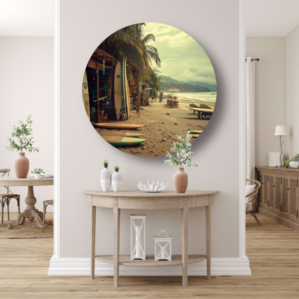 Surfshop rust aan het strand aluminium muurcirkel