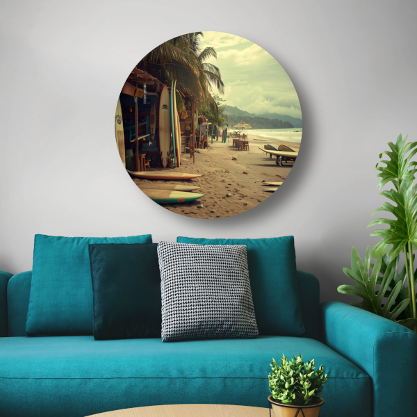 Surfshop rust aan het strand aluminium muurcirkel