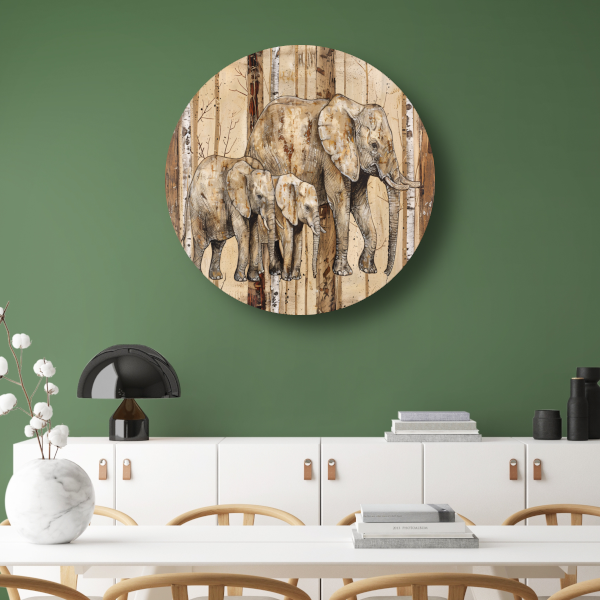 Sepia Olifanten Familie op Houttextuur forex muurcirkel