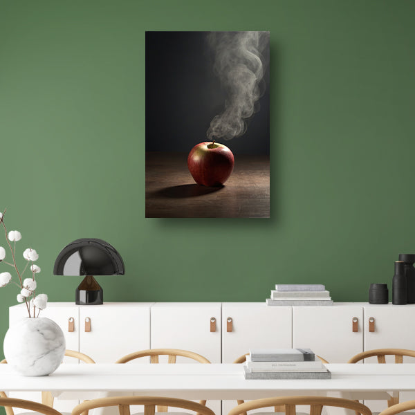 Rode appel en stijgende rook op tafel canvas met baklijst