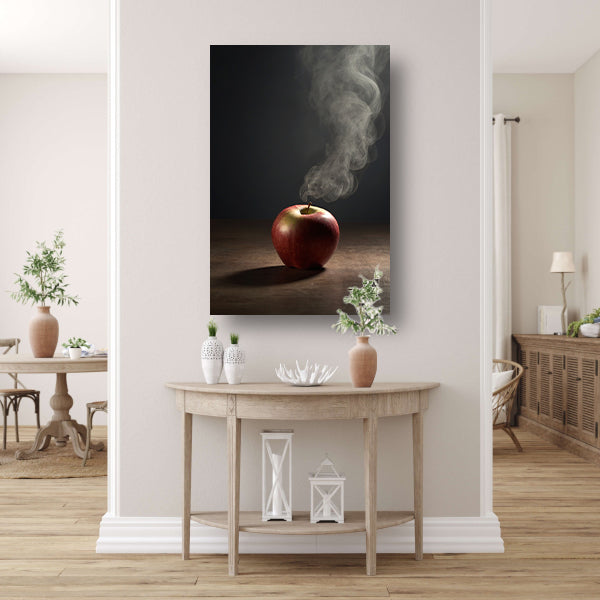 Rode appel en stijgende rook op tafel canvas met baklijst