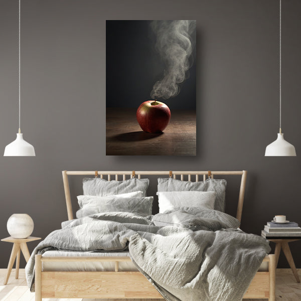 Rode appel en stijgende rook op tafel canvas met baklijst