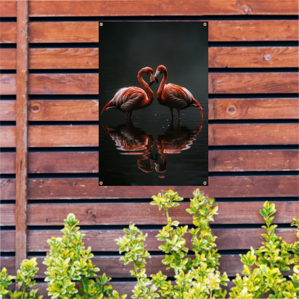 Twee flamingos en hun reflectie in water tuinposter