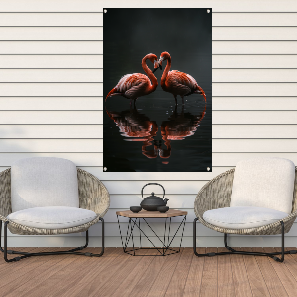 Twee flamingos en hun reflectie in water tuinposter