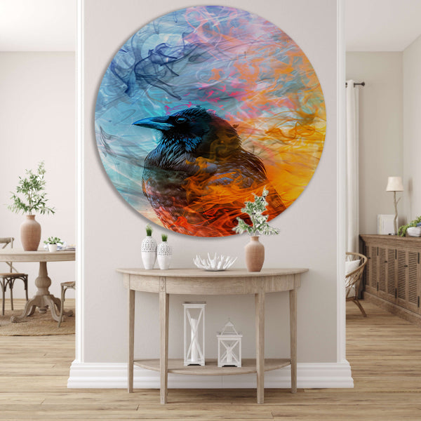 Digitale kunst vogel met vlammen en rook aluminium muurcirkel