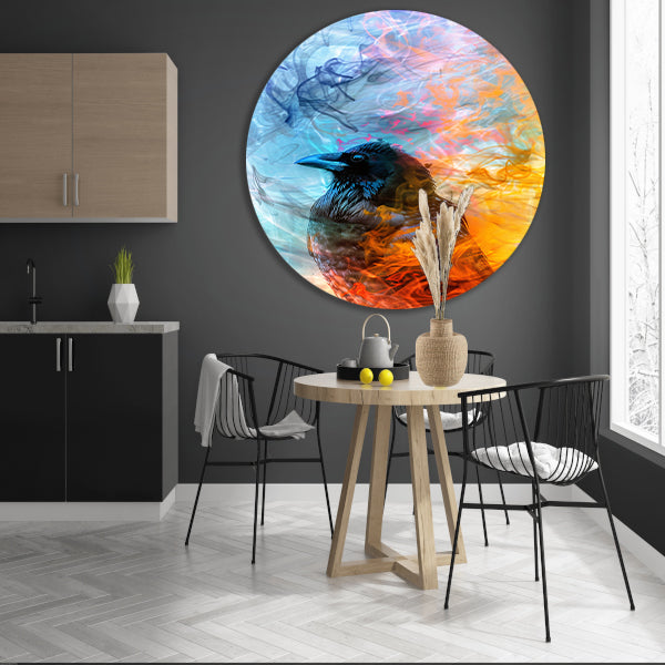 Digitale kunst vogel met vlammen en rook aluminium muurcirkel