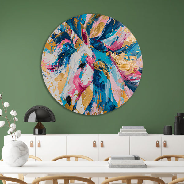 Kleurrijk abstract schilderij van een eenhoorn aluminium muurcirkel