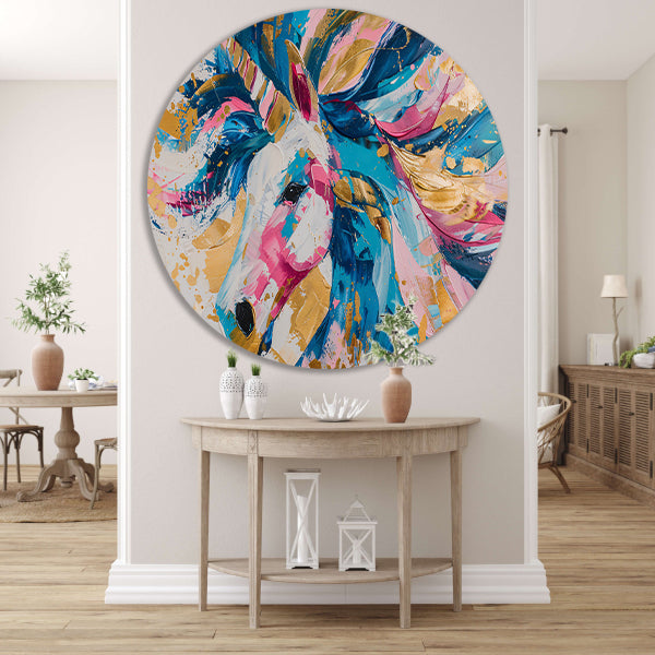 Kleurrijk abstract schilderij van een eenhoorn aluminium muurcirkel