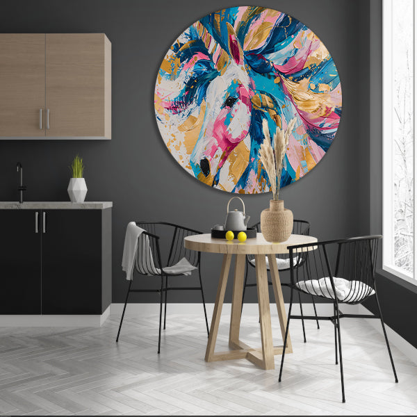 Kleurrijk abstract schilderij van een eenhoorn aluminium muurcirkel