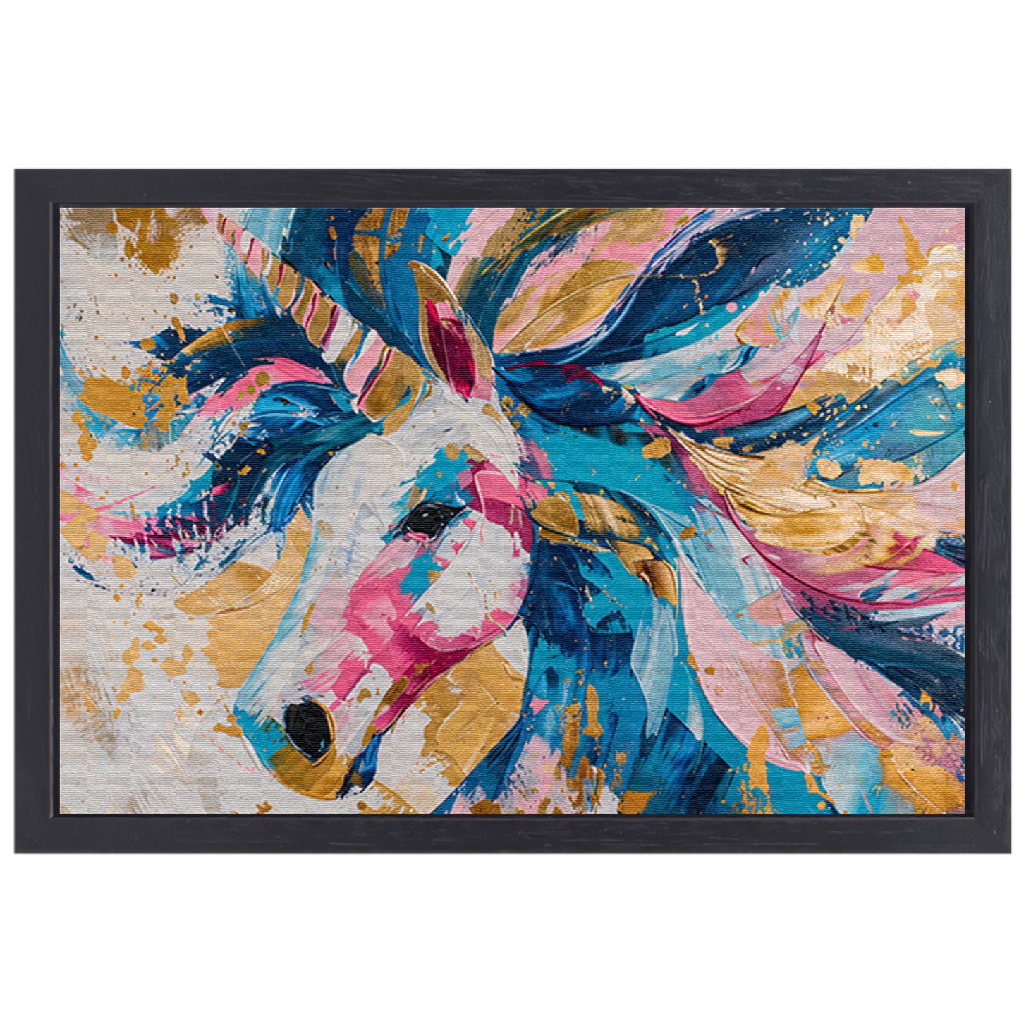Kleurrijk abstract schilderij van een eenhoorn canvas met baklijst