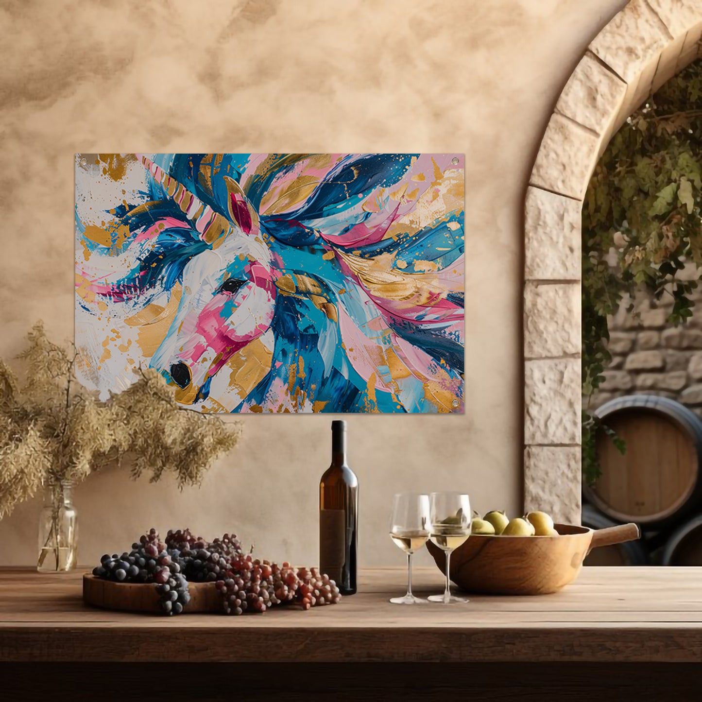 Kleurrijk abstract schilderij van een eenhoorn tuinposter