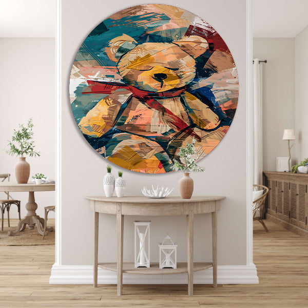 Abstracte Schilderij van een Teddybeer met Sjaal aluminium muurcirkel