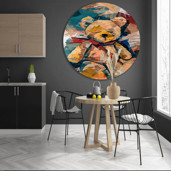 Abstracte Schilderij van een Teddybeer met Sjaal aluminium muurcirkel