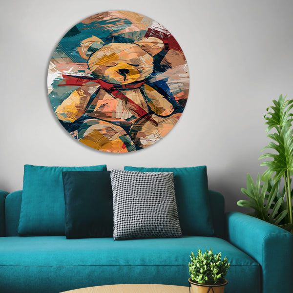 Abstracte Schilderij van een Teddybeer met Sjaal aluminium muurcirkel