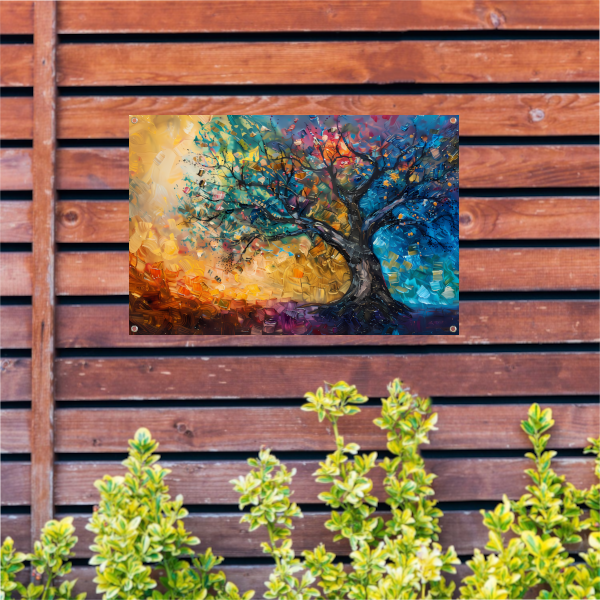 Abstract geschilderde kleurrijke boom in olieverf tuinposter