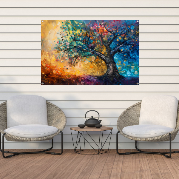 Abstract geschilderde kleurrijke boom in olieverf tuinposter