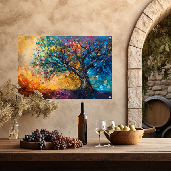 Abstract geschilderde kleurrijke boom in olieverf tuinposter