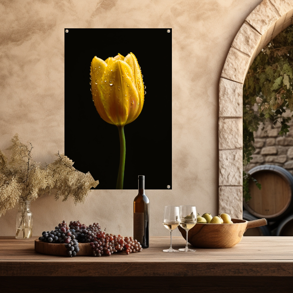 Gele tulp tegen zwarte achtergrond met dauw tuinposter