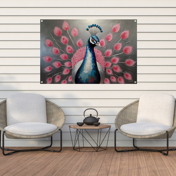 Pauw met roze bloemen in moderne stijl tuinposter