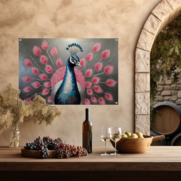 Pauw met roze bloemen in moderne stijl tuinposter
