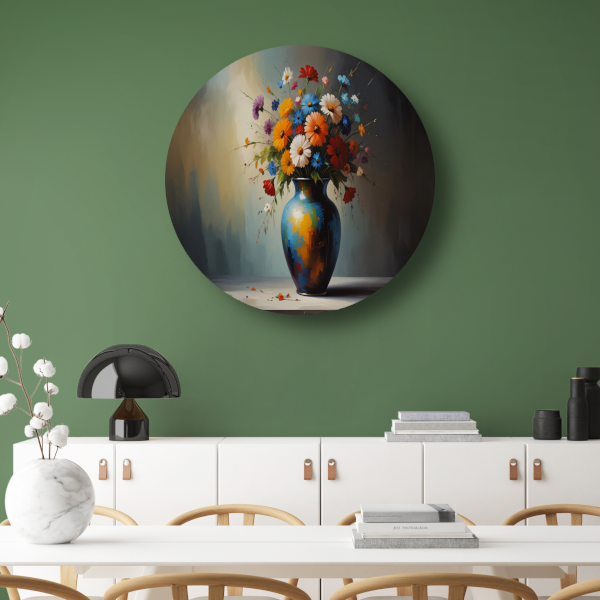 Bloeiende Bloemen in Blauwe Vaas Stilleven aluminium muurcirkel