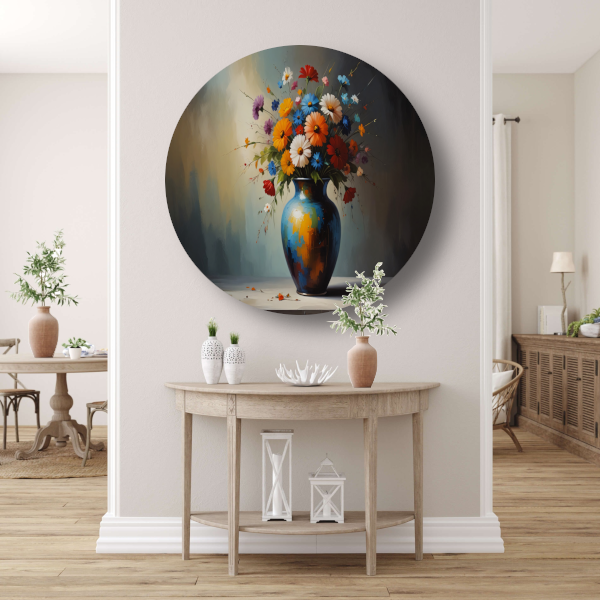 Bloeiende Bloemen in Blauwe Vaas Stilleven aluminium muurcirkel