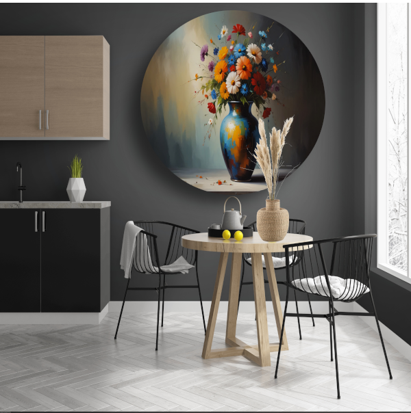 Bloeiende Bloemen in Blauwe Vaas Stilleven aluminium muurcirkel