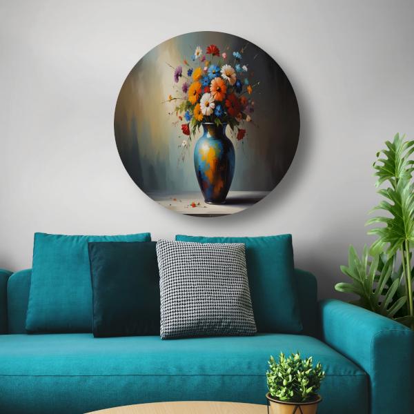 Bloeiende Bloemen in Blauwe Vaas Stilleven aluminium muurcirkel