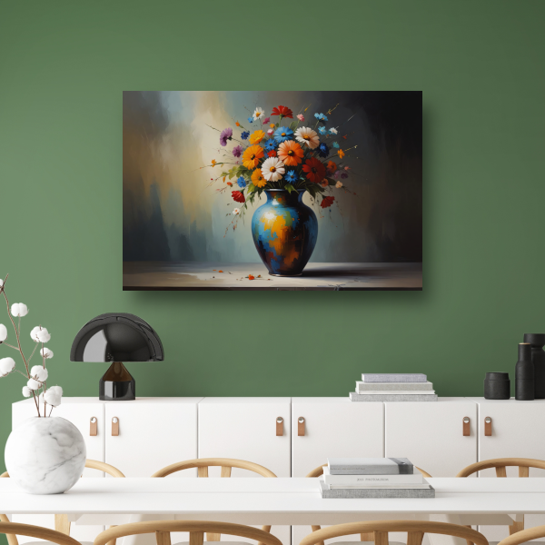 Bloeiende Bloemen in Blauwe Vaas Stilleven poster