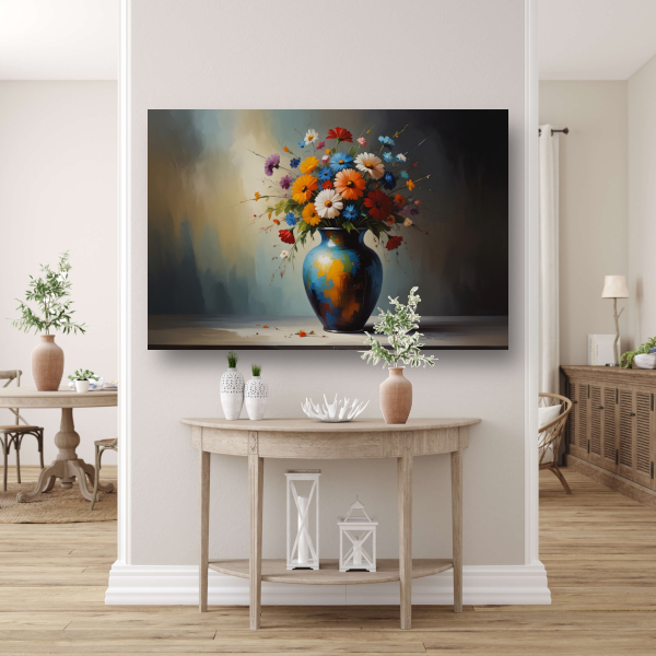Bloeiende Bloemen in Blauwe Vaas Stilleven poster