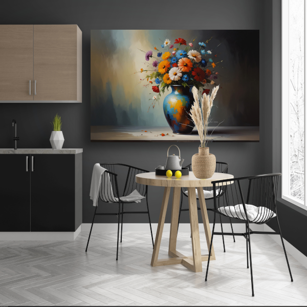 Bloeiende Bloemen in Blauwe Vaas Stilleven poster