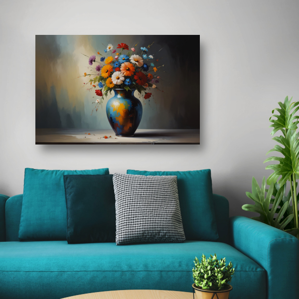 Bloeiende Bloemen in Blauwe Vaas Stilleven poster