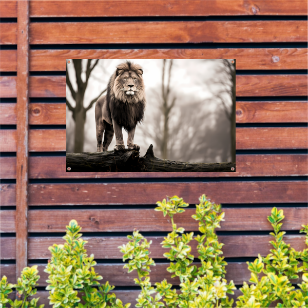 Leeuw in boom, Zwart-wit foto tuinposter