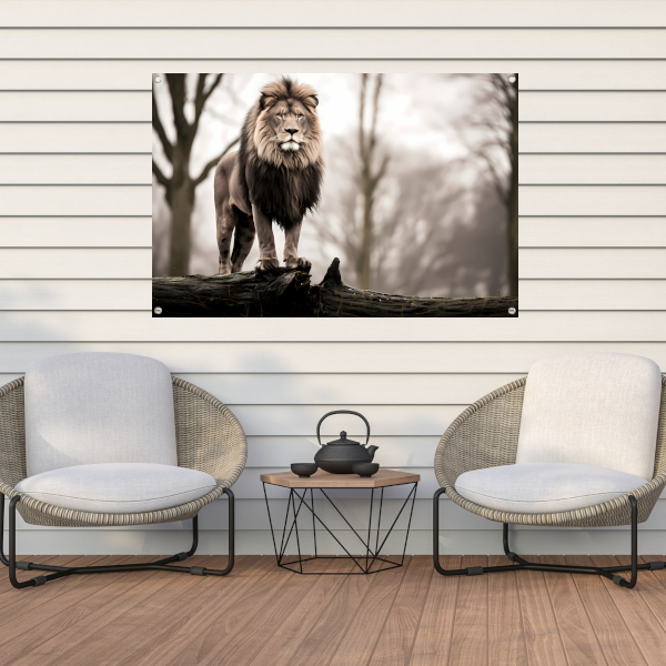 Leeuw in boom, Zwart-wit foto tuinposter