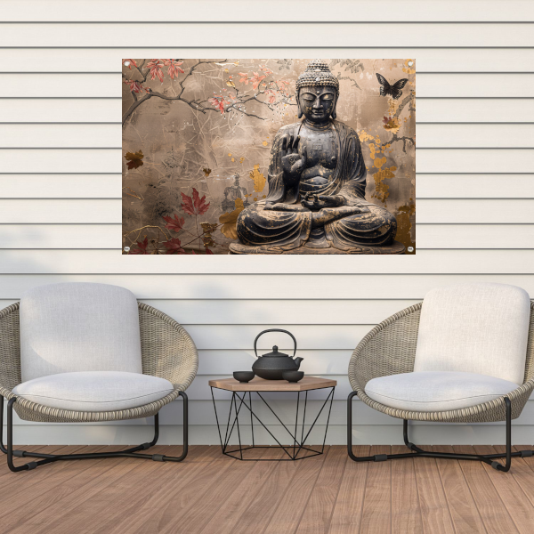 Boeddha in Herfstsereniteit: Sepia en Goud tuinposter