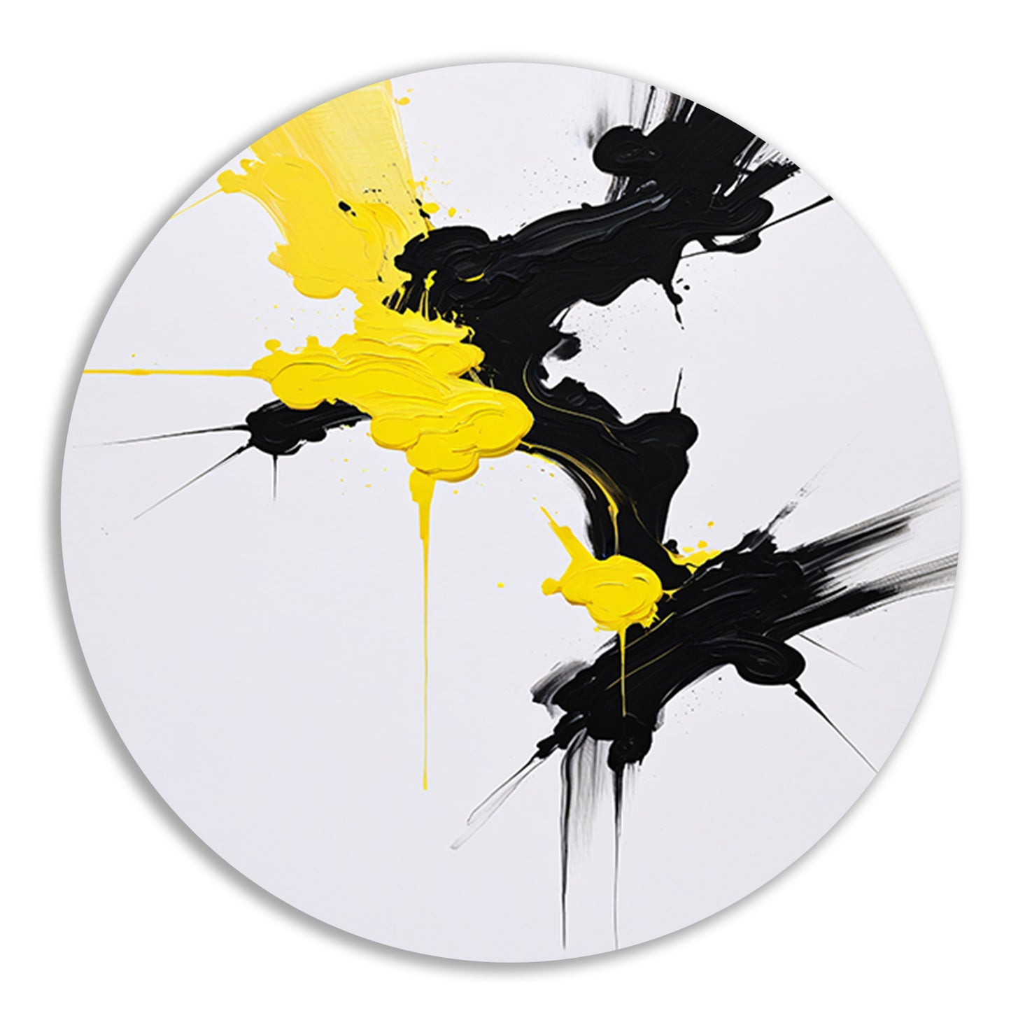 Abstracte dynamiek in zwart en geel aluminium muurcirkel