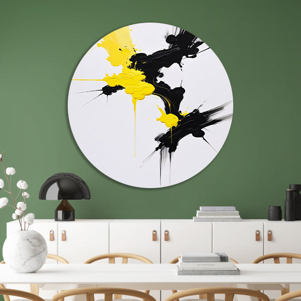 Abstracte dynamiek in zwart en geel aluminium muurcirkel