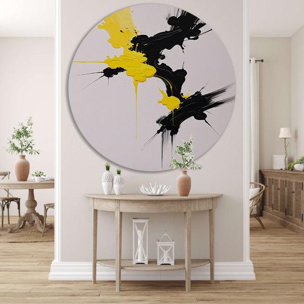 Abstracte dynamiek in zwart en geel aluminium muurcirkel