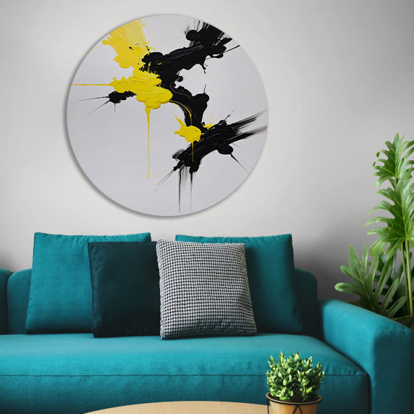 Abstracte dynamiek in zwart en geel aluminium muurcirkel