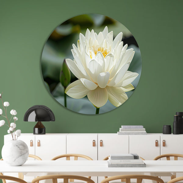 Close-up van een serene witte lotus aluminium muurcirkel