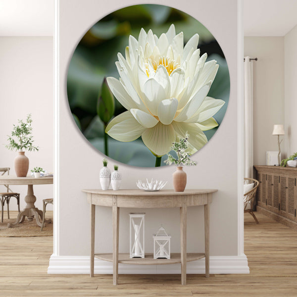 Close-up van een serene witte lotus aluminium muurcirkel
