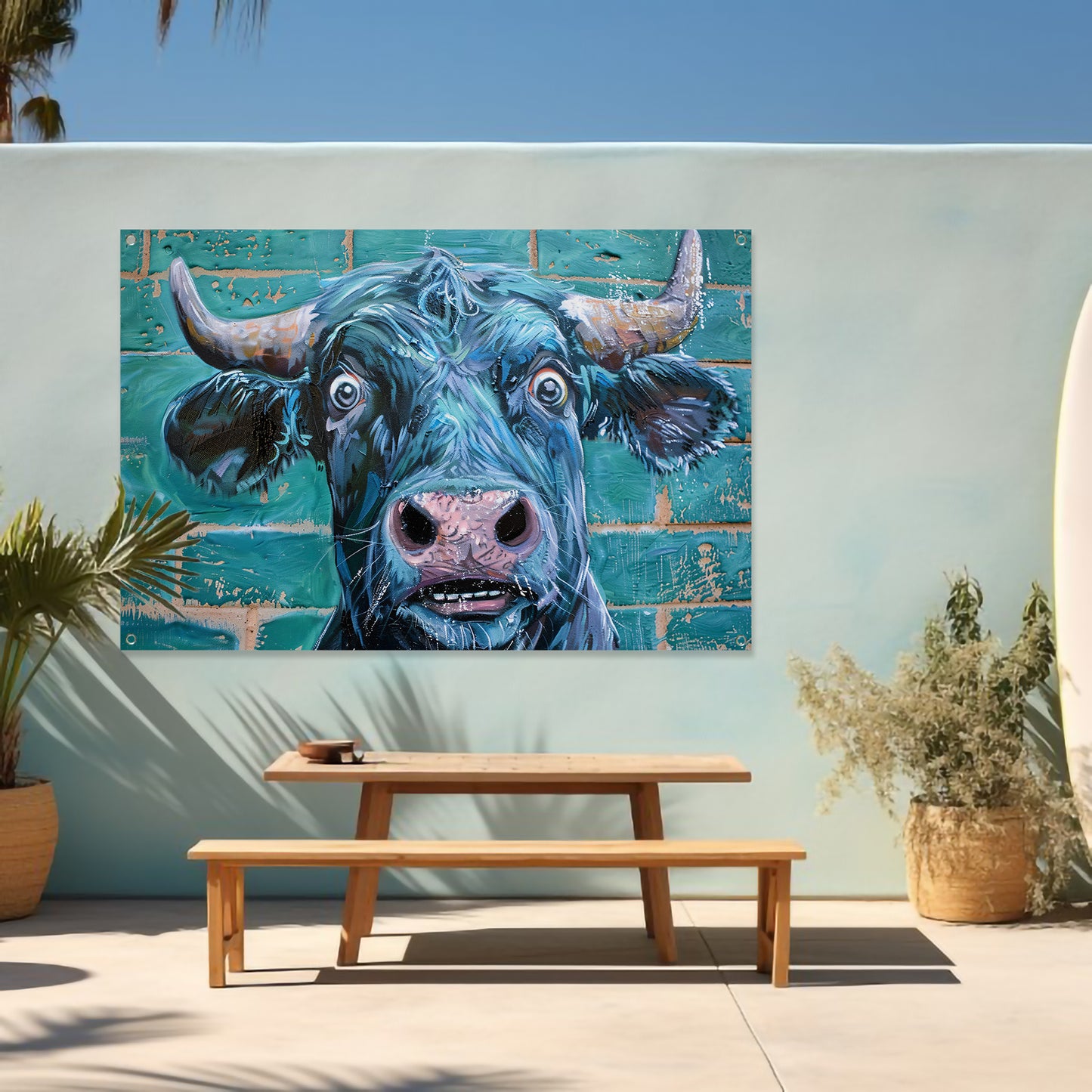 Expressieve koe op levendige bakstenen achtergrond tuinposter