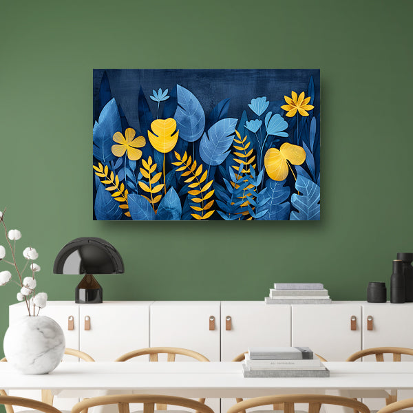 Blauwe en gele planten tegen donkerblauwe achtergrond canvas