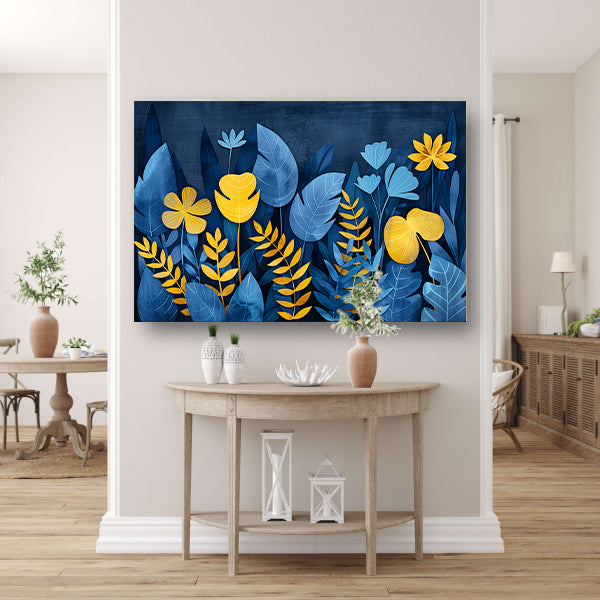 Blauwe en gele planten tegen donkerblauwe achtergrond canvas