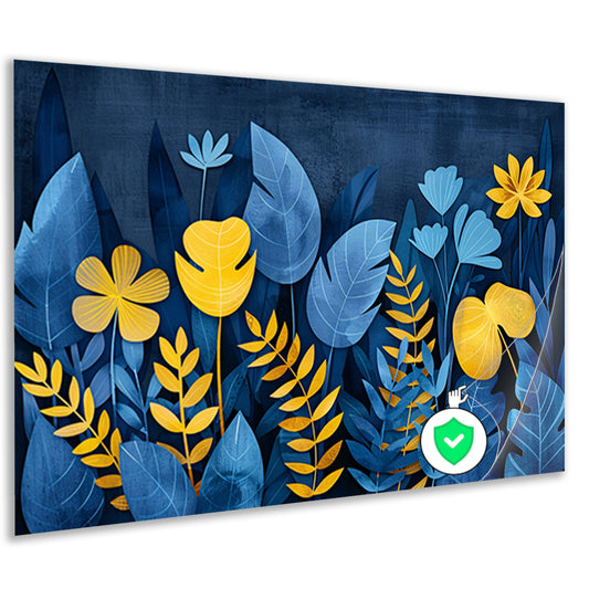 Blauwe en gele planten tegen donkerblauwe achtergrond poster