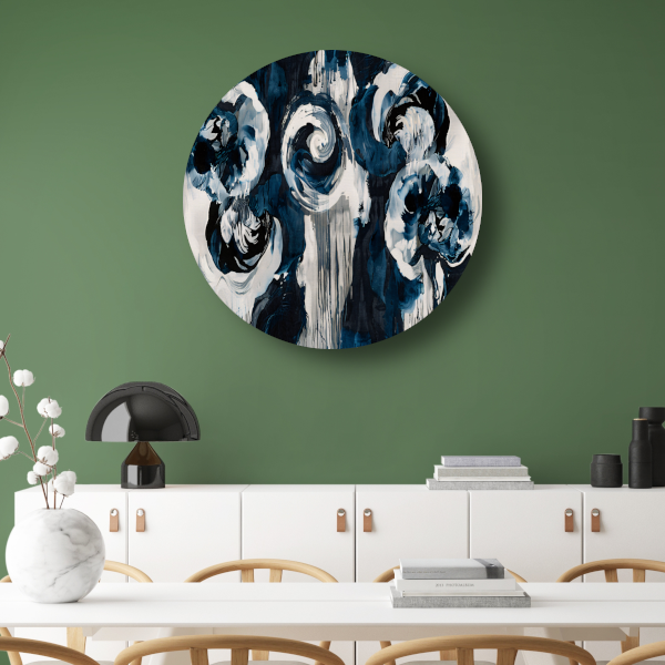 Klassieke blauwe bloemen op behang aluminium muurcirkel