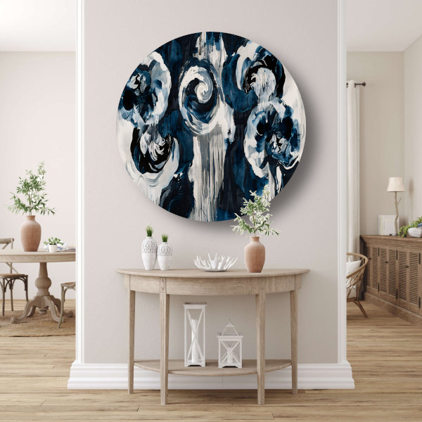 Klassieke blauwe bloemen op behang aluminium muurcirkel