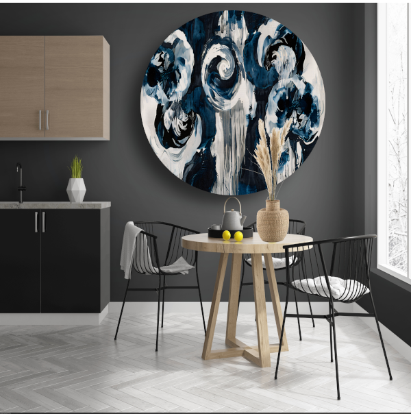 Klassieke blauwe bloemen op behang aluminium muurcirkel