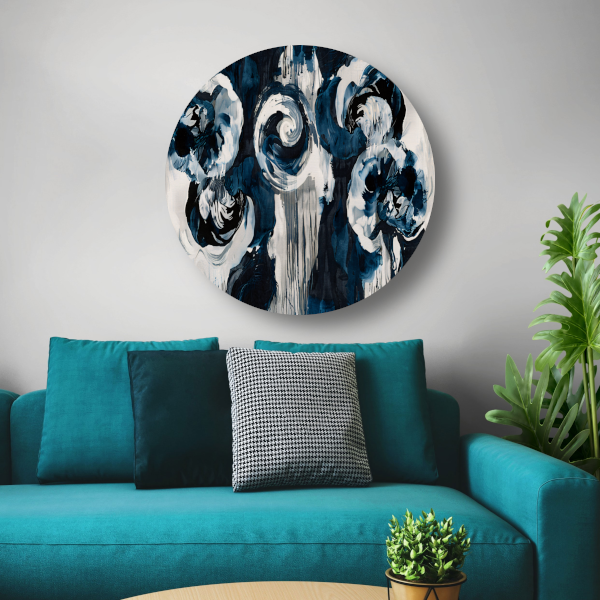Klassieke blauwe bloemen op behang aluminium muurcirkel